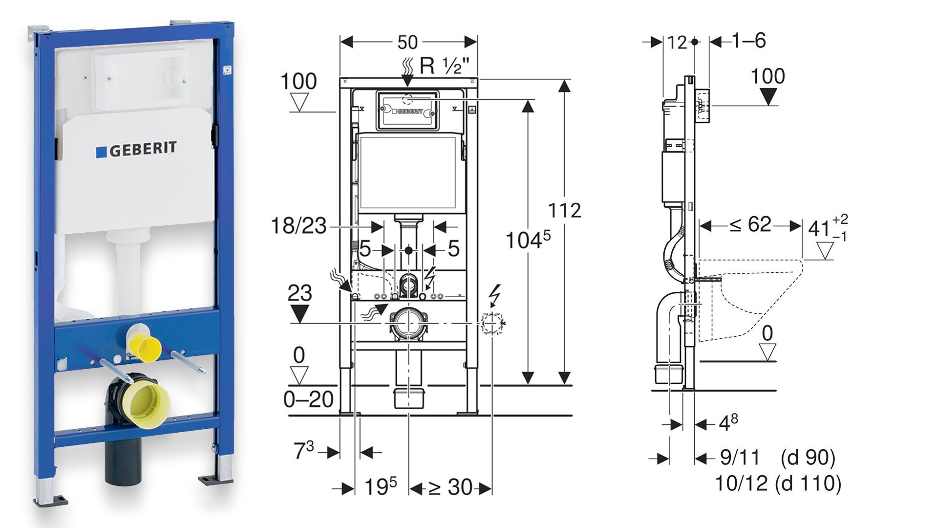 Pack WC GEBERIT bâti-support Duofix + WC Slim Soft-Close ROLO blanc + tapis d'isolation acoustique + plaque blanc - 7