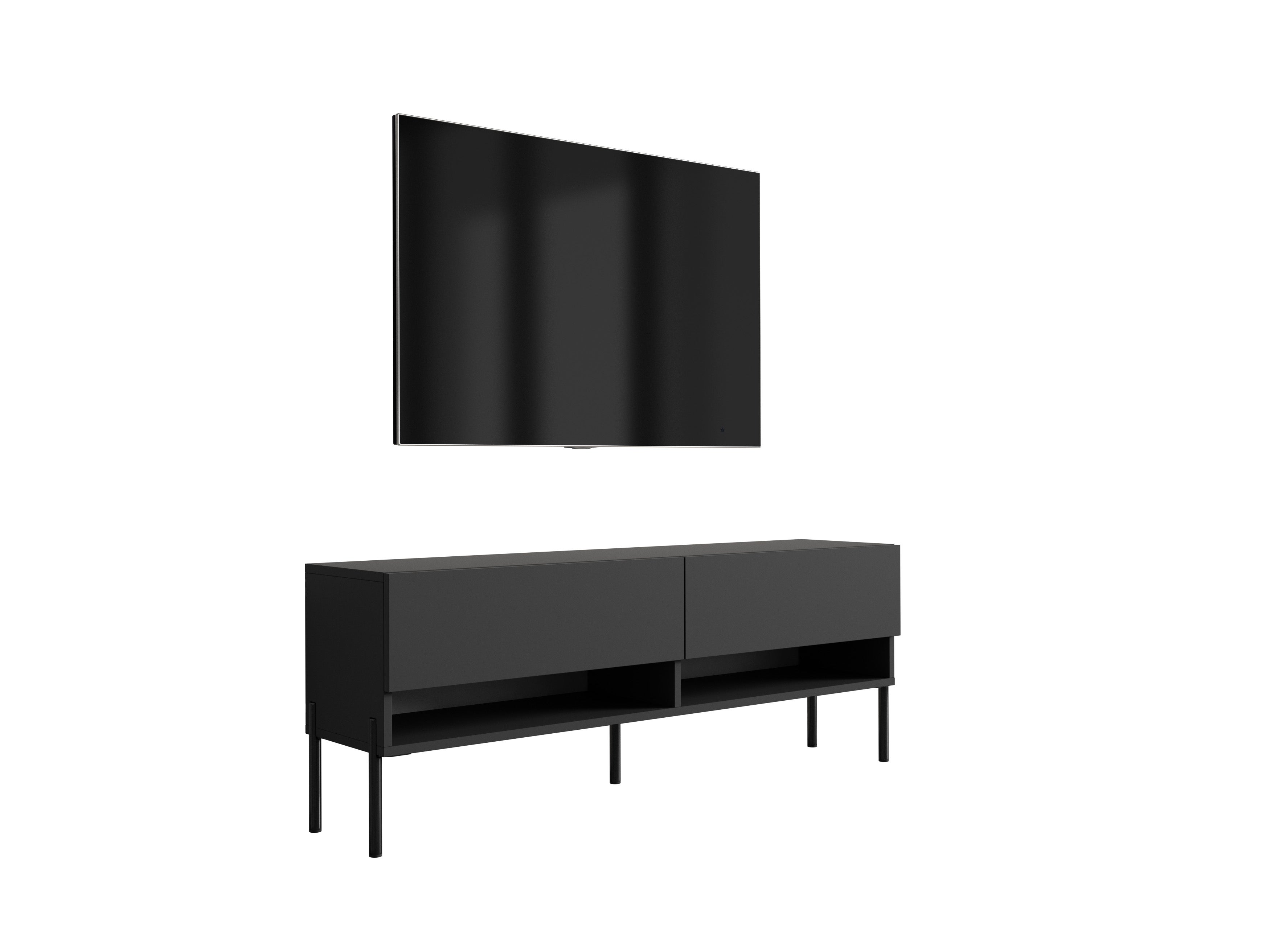 Szafka RTV : 140 cm Czarny Mat, nóżki proste czarne, 140 × 32 × 52 cm