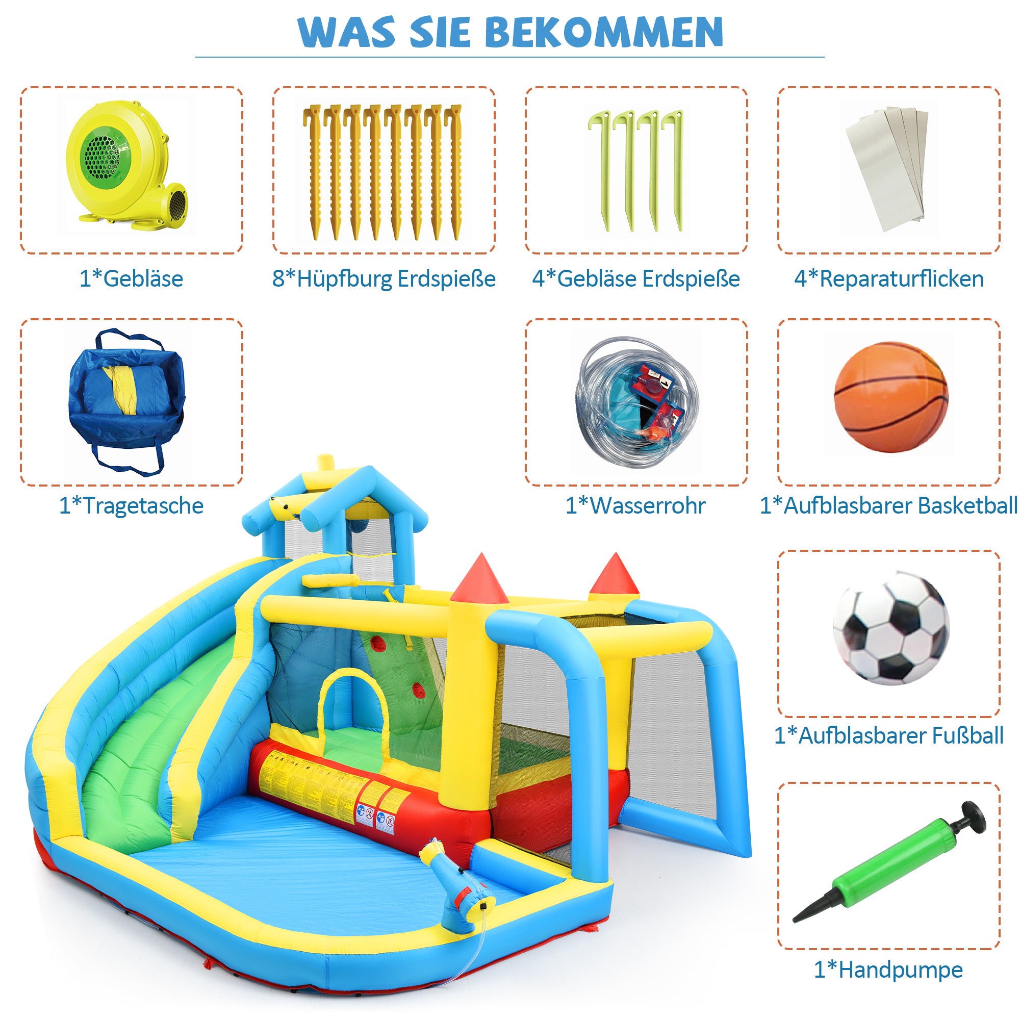 Aire de jeux 5 en 1 avec toboggan, zone de saut, piscine d'eau, filet de football - 364 x 315 x 239 - Tissu Oxford - Bleu - 9