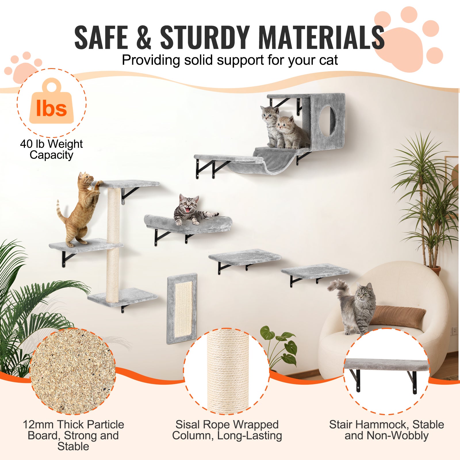 Soporte de pared para gatos,juego de VEVOR 6,juego de muebles de pared,plataforma de salto,hamaca para sofá,40 libras para dormir,jugar,escalar - 3
