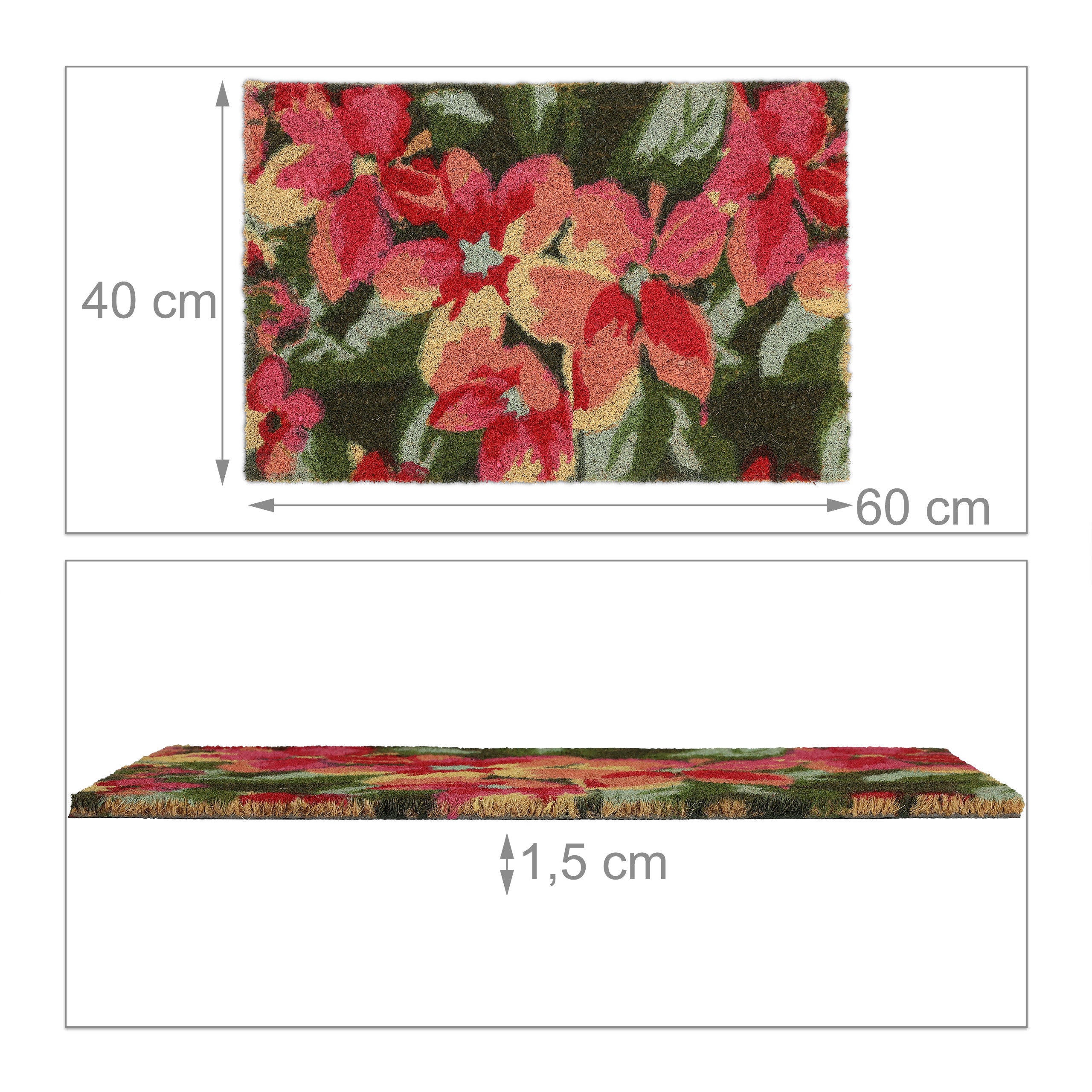 Paillasson coco, tapis de porte motif de fleurs, 40 x 60 cm, résistant aux intempéries, antidérapant, coloré, Relaxdays - 4