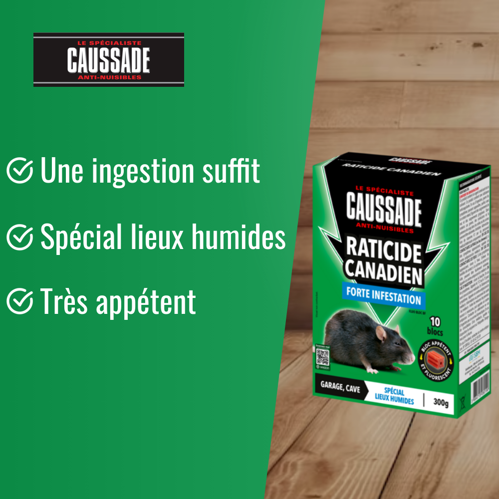 CAUSSADE Raticide Canadien - Anti Rats - Efficacité Radicale - Lieux Très Humides - 60 Appâts Fluorescents - Prêt à l'emploi - 1200g CARBLBF300X4 - 2