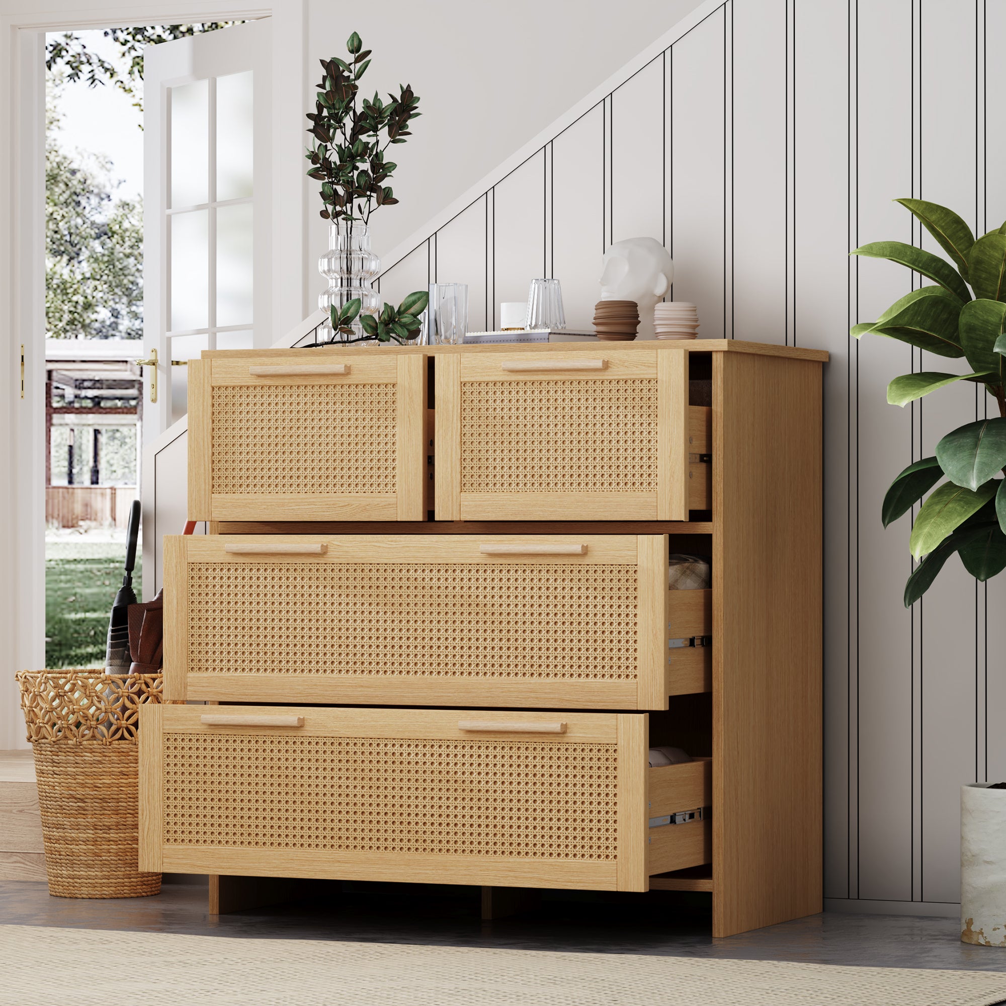 Cómoda con 4 cajones - tiradores de madera maciza - color roble - 80 x 38 x 80 cm - 5