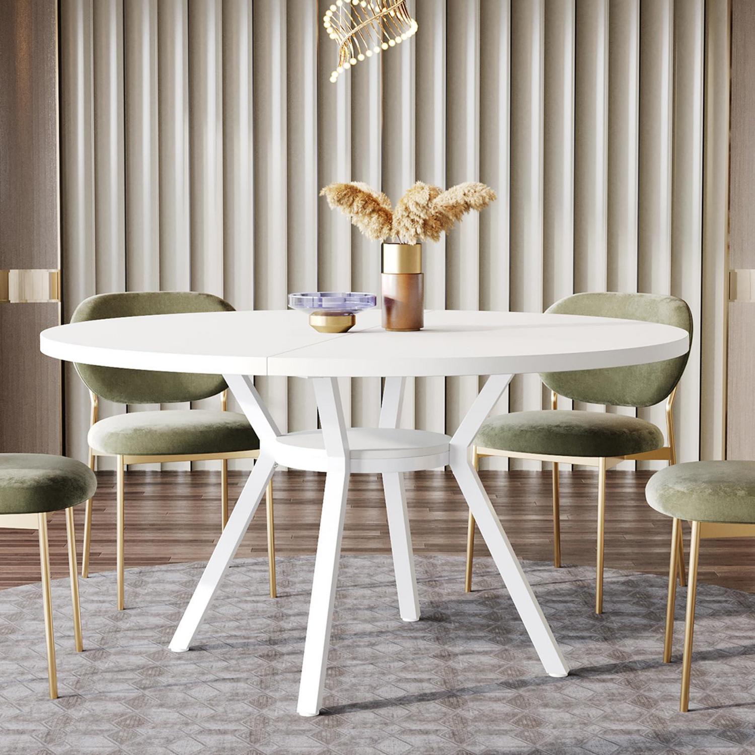 Table Ronde Cuisine 4 Personnes 120cm Pied Métal + Rangement Blanc ...