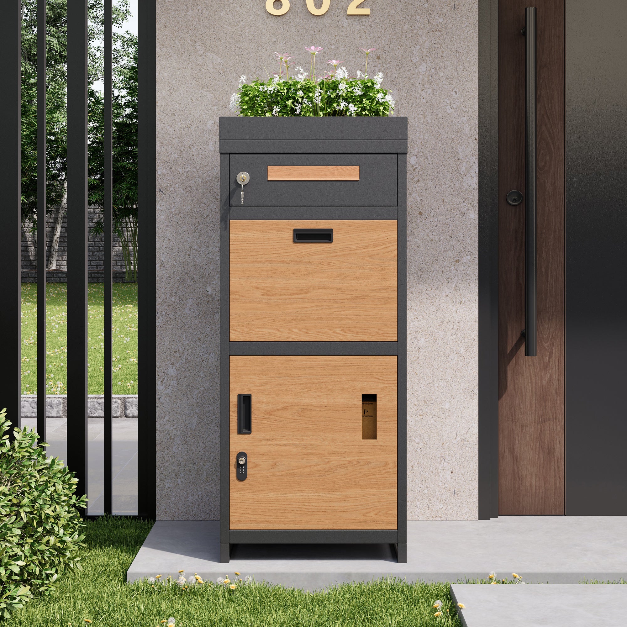 Zamykana skrzynka na listy z 3 drzwiami i kwietnikiem - 50 x 37 x 118,5 cm - Stal ocynkowana - Szary + naturalny