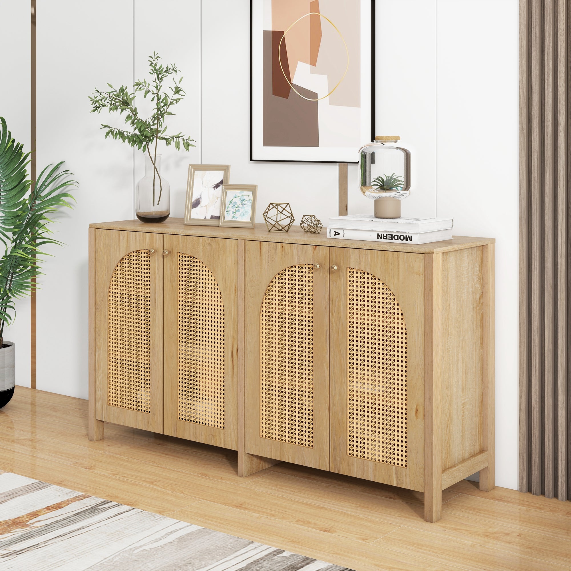 Komoda z 4 drzwiami rattanowymi - 145 x 40 x 80 cm - drewno MDF i płyta wiórowa - kolor naturalny