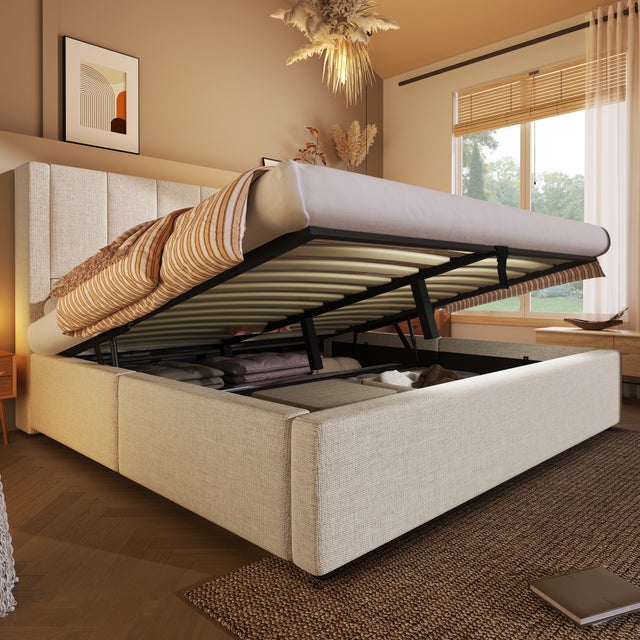 Cama con almacenaje 180×200 cm con portavasos abatible, estación de carga USB y Type-C, sin colchón, en lino beige MODENVIE