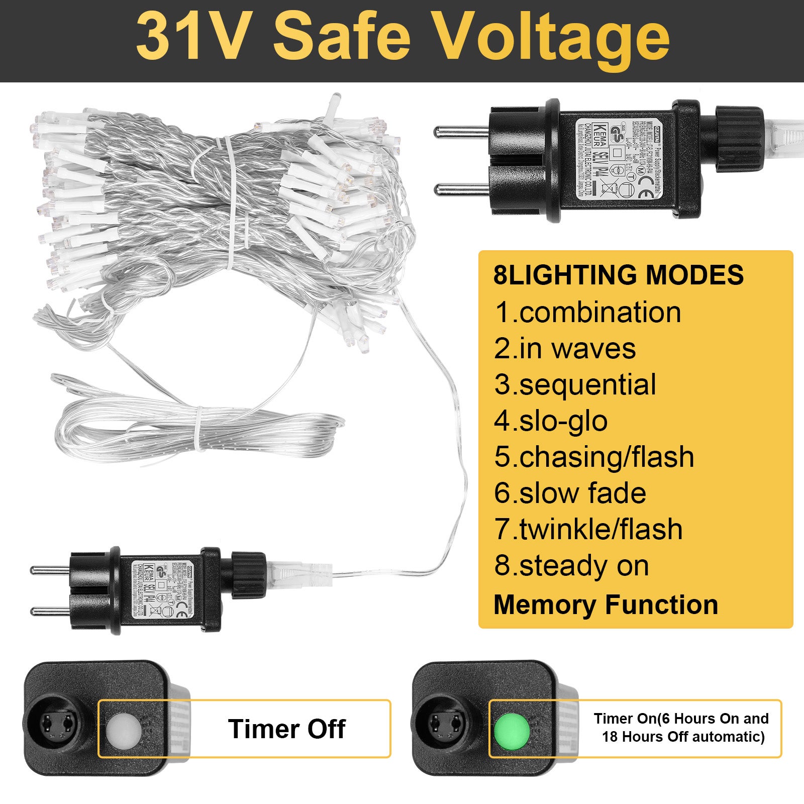 Luci per tende Catena Luminosa 3x3m, 300 LED Bianco Caldo 8 Modalità con Memoria, Timer Auto IP44, Collegabile per Interni ed Esterni 2 confezioni - 6