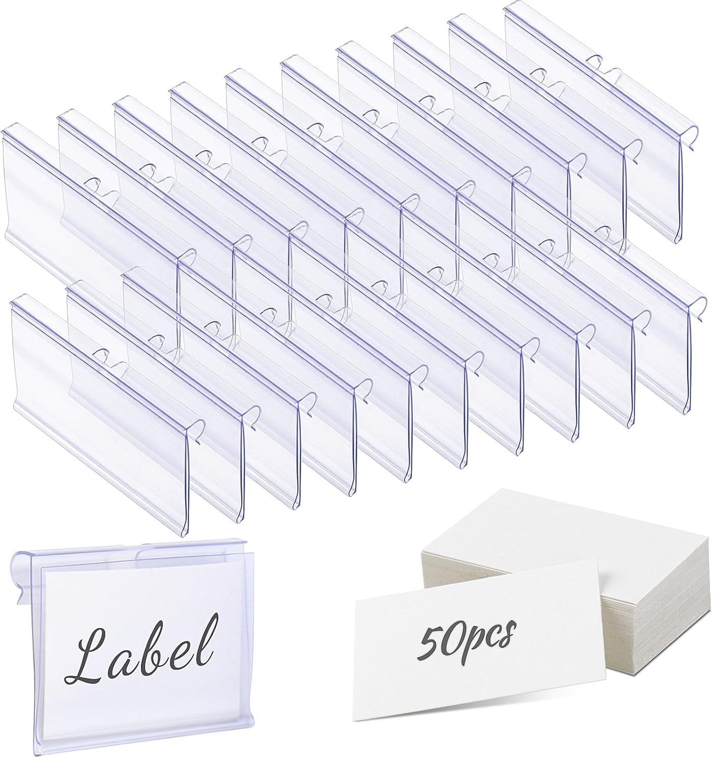 Zestaw 60 przezroczystych plastikowych etykiet, uchwytów na etykiety cenowe z podwójnym haczykiem, ekspozytor na towary (4,2 x 6 cm)