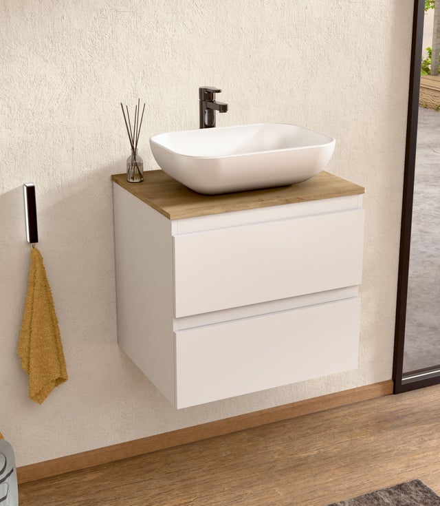 BELLOBATH - Mobile Bagno Sottolavabo con Lavabo in Ceramica, Mobile Sospeso 2 Cassetti, 60 x 55 x 46 cm, Mobile Bianco e Top Rovere
