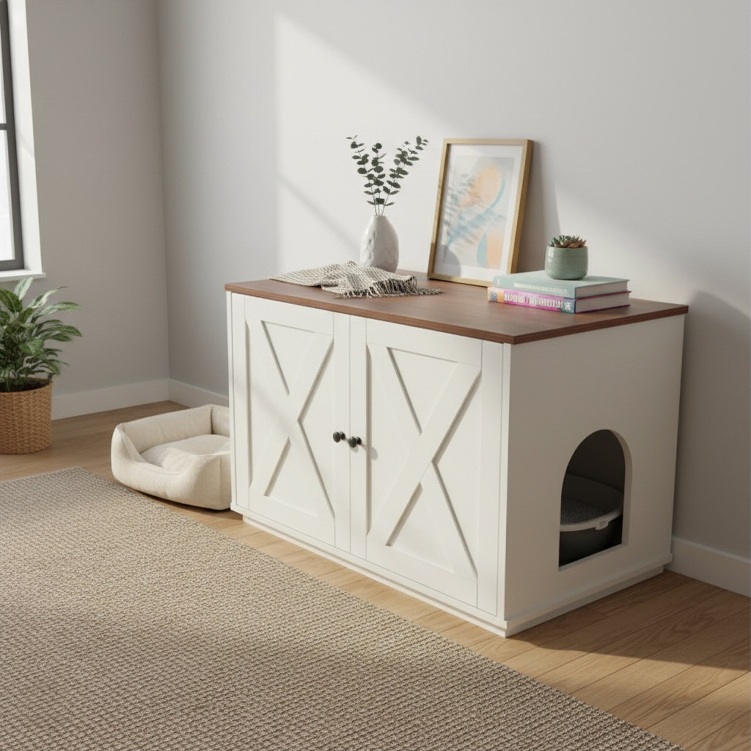 Armário para caixa de areia para gatos com divisória amovível e entrada lateral, MDF branco-castanho, 50 x 80 x 53 cm, Relaxdays - 5