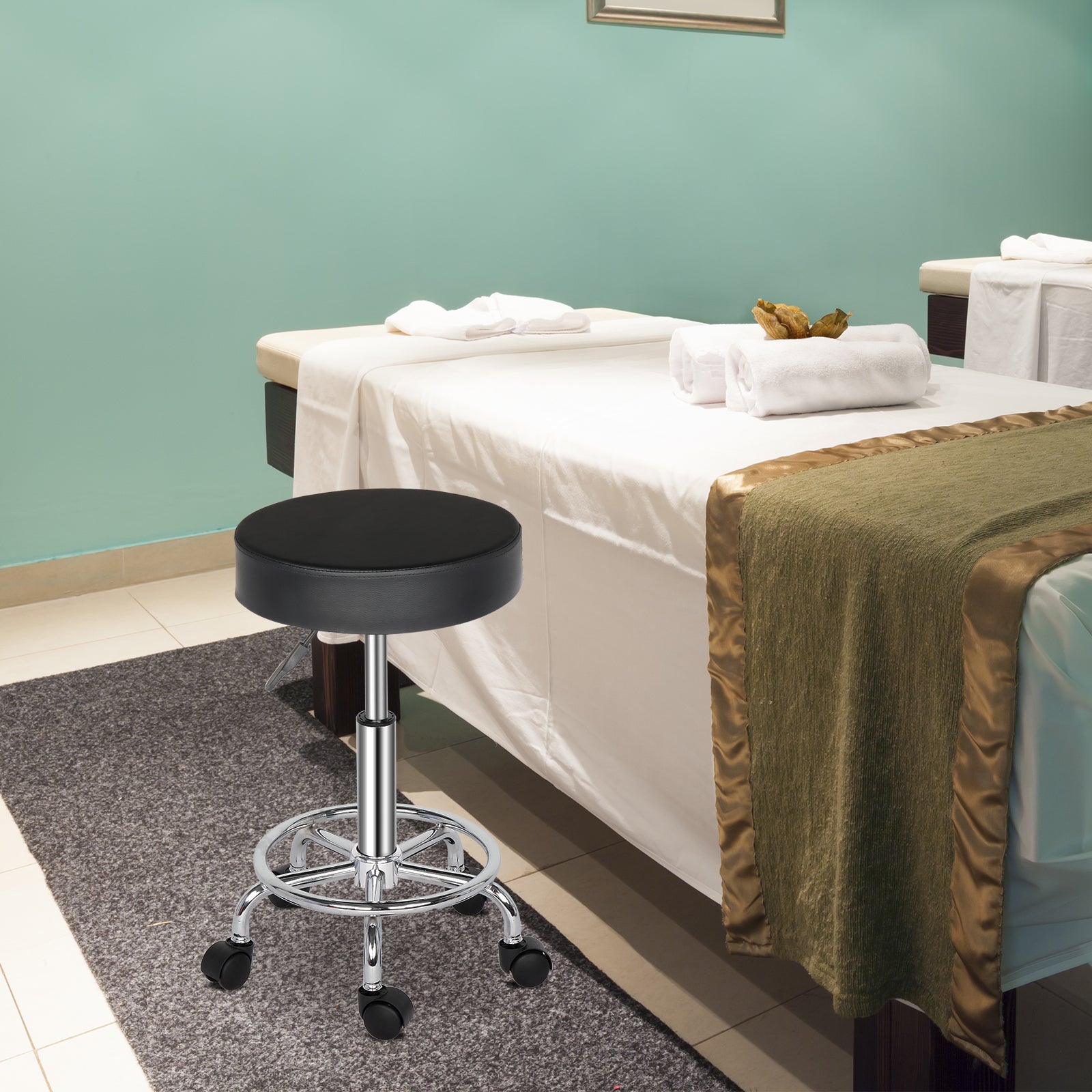 Siège Rond Noir en Simili Cuir Semi-PU avec Vérin à Gaz Certifié SGS, Coussin Épais de 8cm en Mousse Moulée, Roulettes en Nylon, Capacité de 150kg - 6