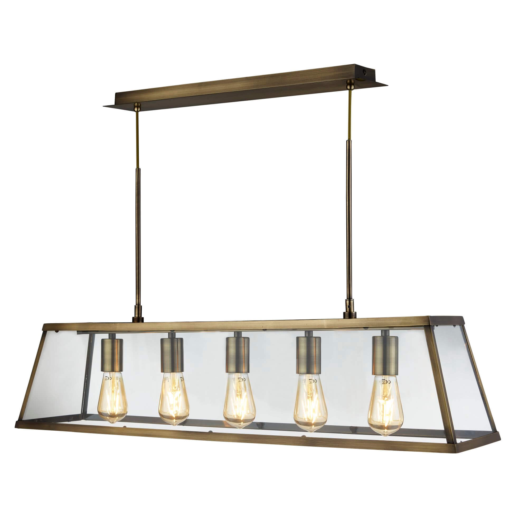 Suspension VOYAGER 5L barre lanterne rectangulaire , laiton antique, Verre E27 5x60w maxi Long 90cm haut 150cm - 7