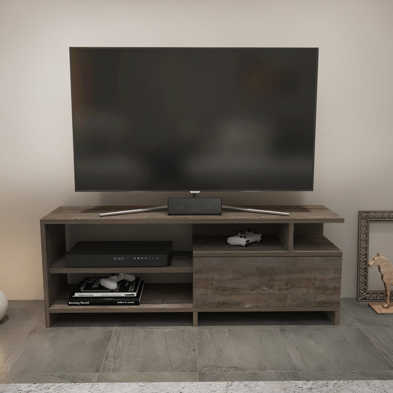 Meuble TV KOMFOTTEU 55 Pouces – Banc TV 3 Niveaux Avec Armoire Porte, Design Asymétrique, Pieds Réglables, 152 Cm (Noir)