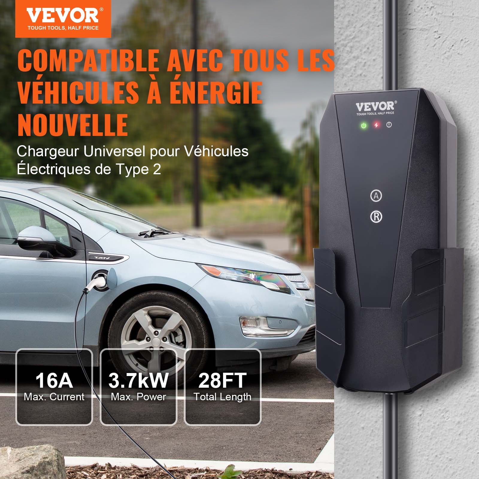 Carregador EV Portátil VEVOR Tipo 2 16 A 3,7 kW Cabo 8,6 m Tomada CEE 7/7 Estação de Carregamento IEC62196 IP66 à Prova d’Água com Bolsa e Gancho - 2