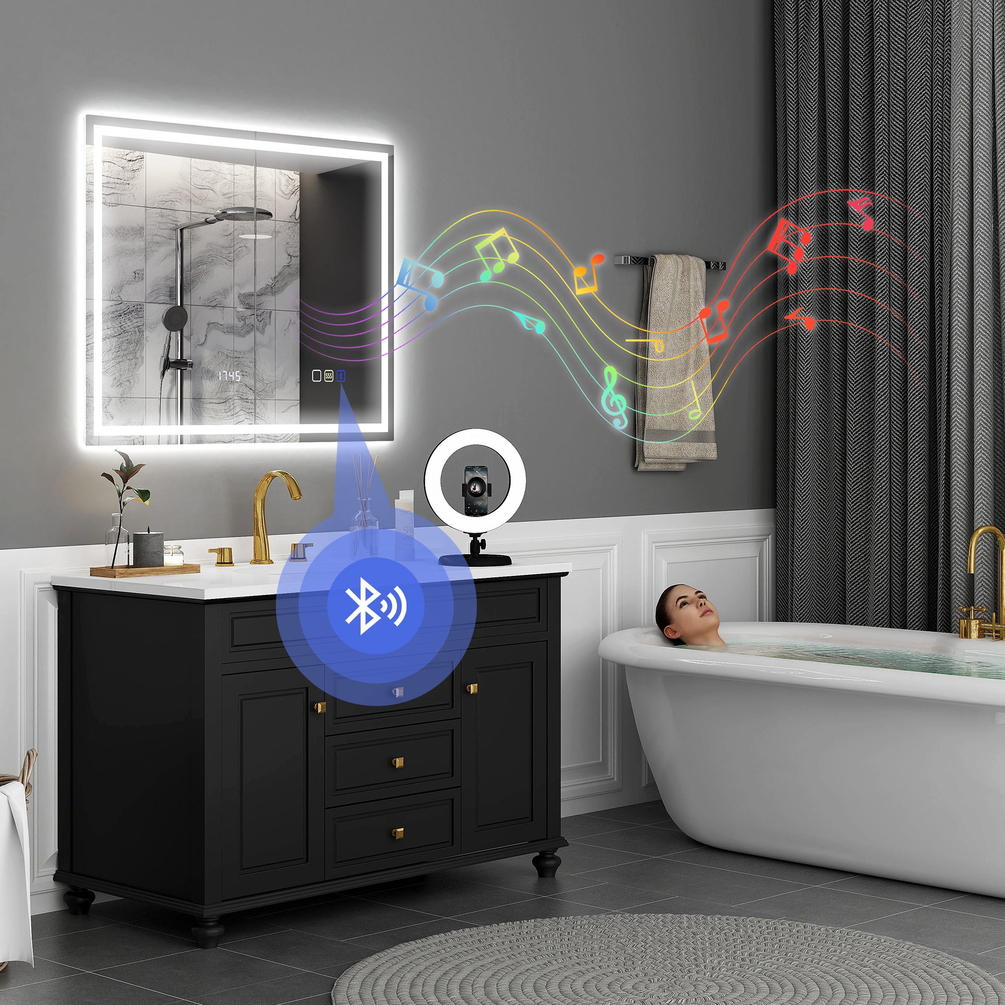 Miroir salle de bain LED bluetooth 80 x 100 cm interrupteur tactile lumière réglable 3 couleurs anti-buée mémoire argent - 4