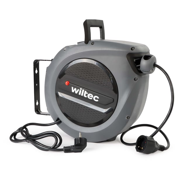 Wiltec Avvolgicavo elettrico automatico 15 m + 1,5 m, avvolgitore cavo automatico 1500 - 3200 W, prolunga elettrica avvolgibile con staffa a 180°