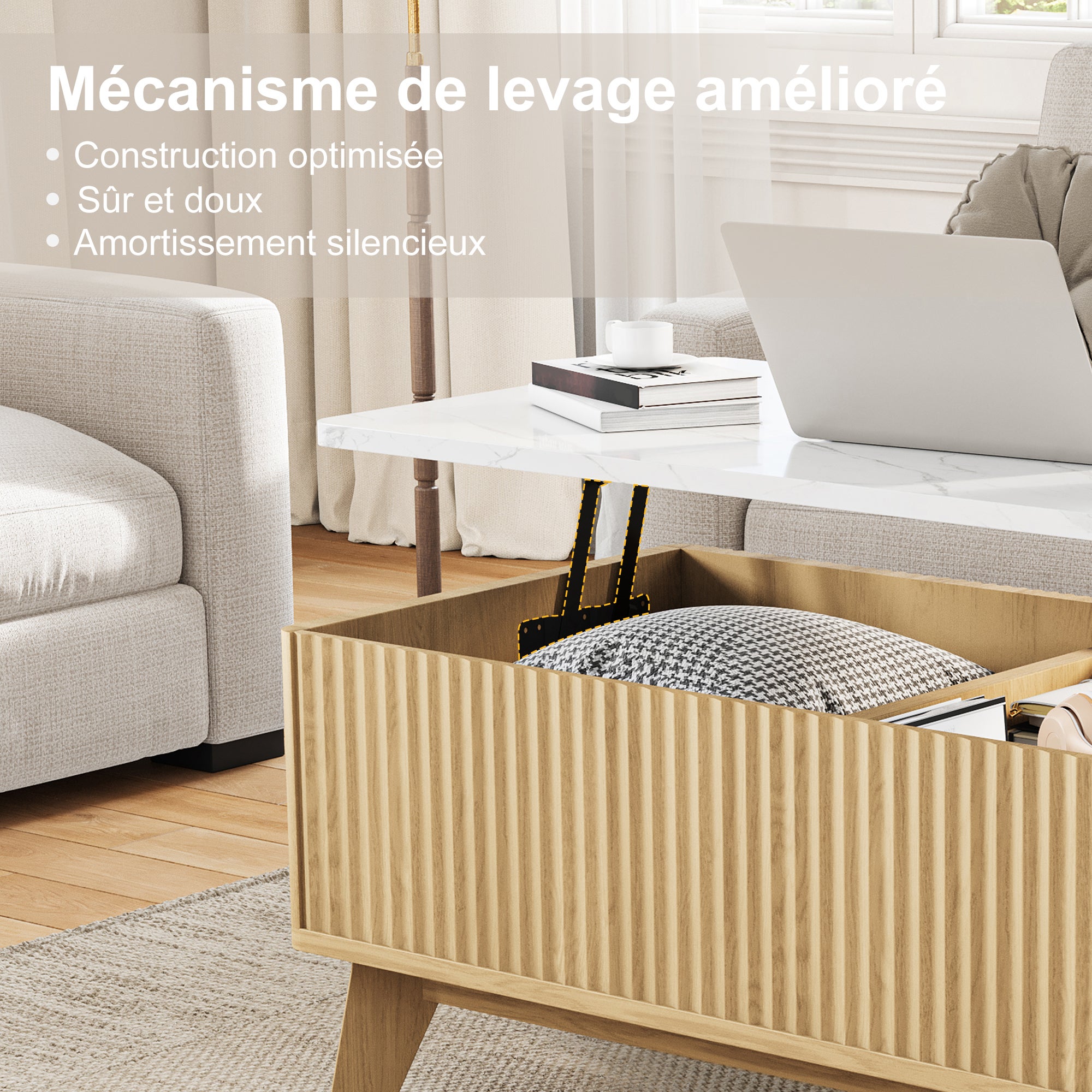 Table Basse Relevable 105x53x42cm, Style Scandinave, Table de Salon avec Comptoir Imitation Marbre et Pieds en Bois Massif, Naturel - 6