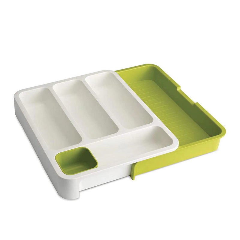 Tacka na sztućce, 7 przegródek, wysuwana, na sztućce i przybory kuchenne, plastikowa, 5,5 x 28 x 36 cm, biało-zielona