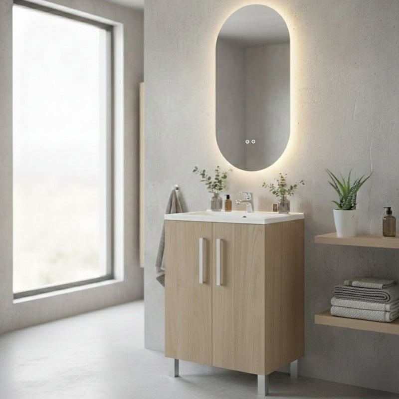 Szafka łazienkowa TEMPO 60x45 cm, umywalka ceramiczna, bateria ROCA i owalne lustro LED