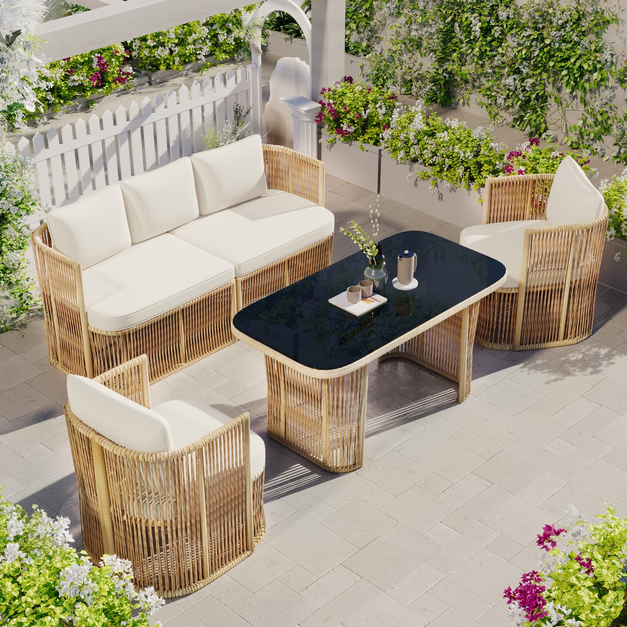 Ensemble Jardin 4 Pièces Rotin PE, Canapé 3 Places, Fauteuils & Table Verre Trempé, Salon Extérieur avec Coussins, Cadre Acier - 2
