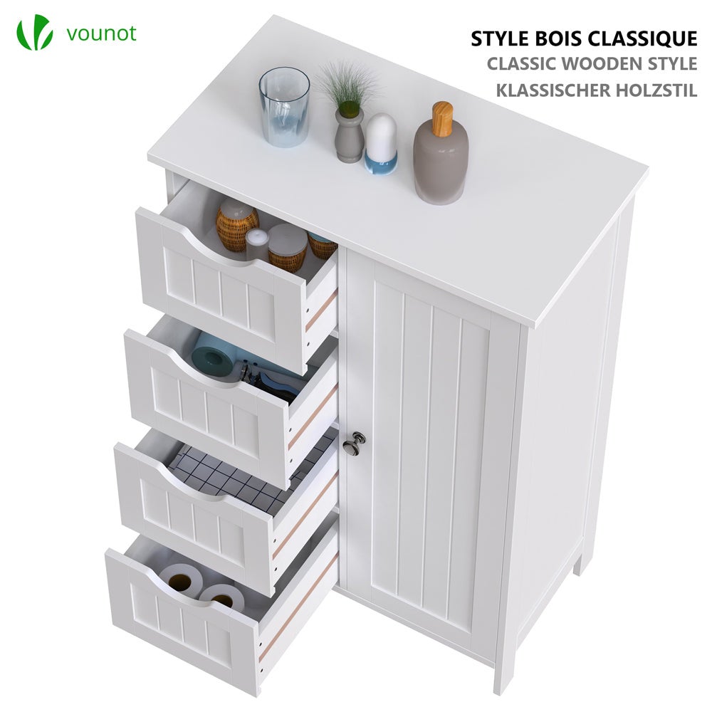 Mobile da Bagno Armadietto da Terra, con 4 Cassetti, Anta, Ripiano Regolabile, 55x30x82cm Bianco - 7