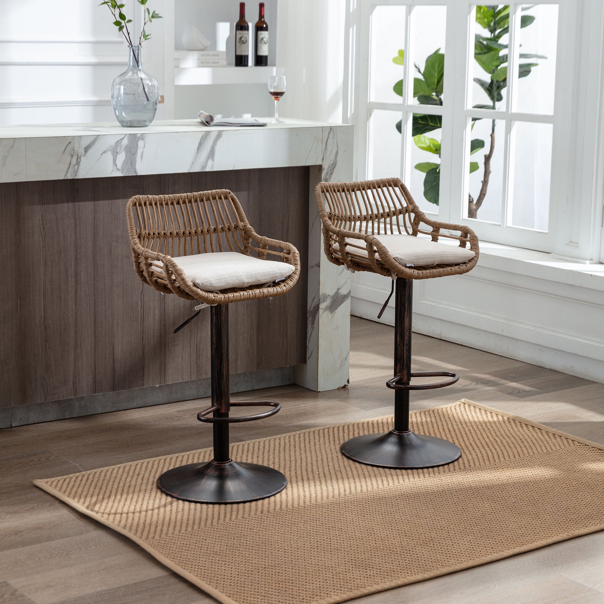 Ensemble de 2 tabourets de bar en rotin avec repose-pieds, chaises réglables, 49 x 48 x 89 cm, beige - 3