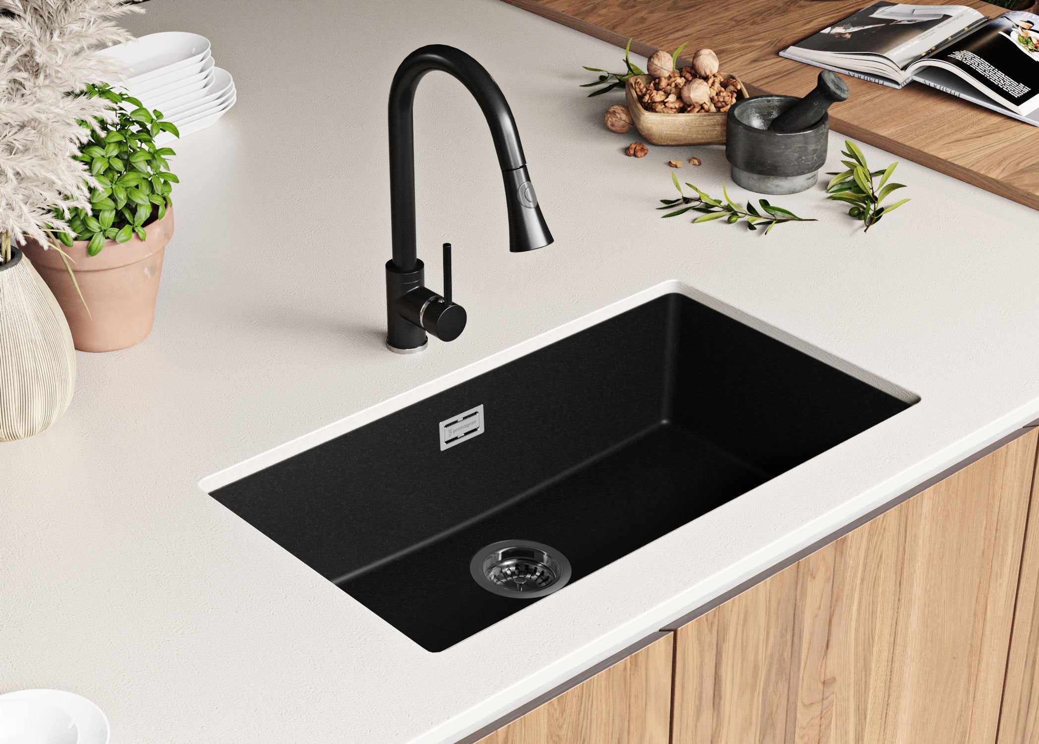 Evier Sous Plan Noir 76x47cm, Evier en Granit 1 bac + Kit de Vidage, Évier au meuble 80cm - London PRIMAGRAN - 8