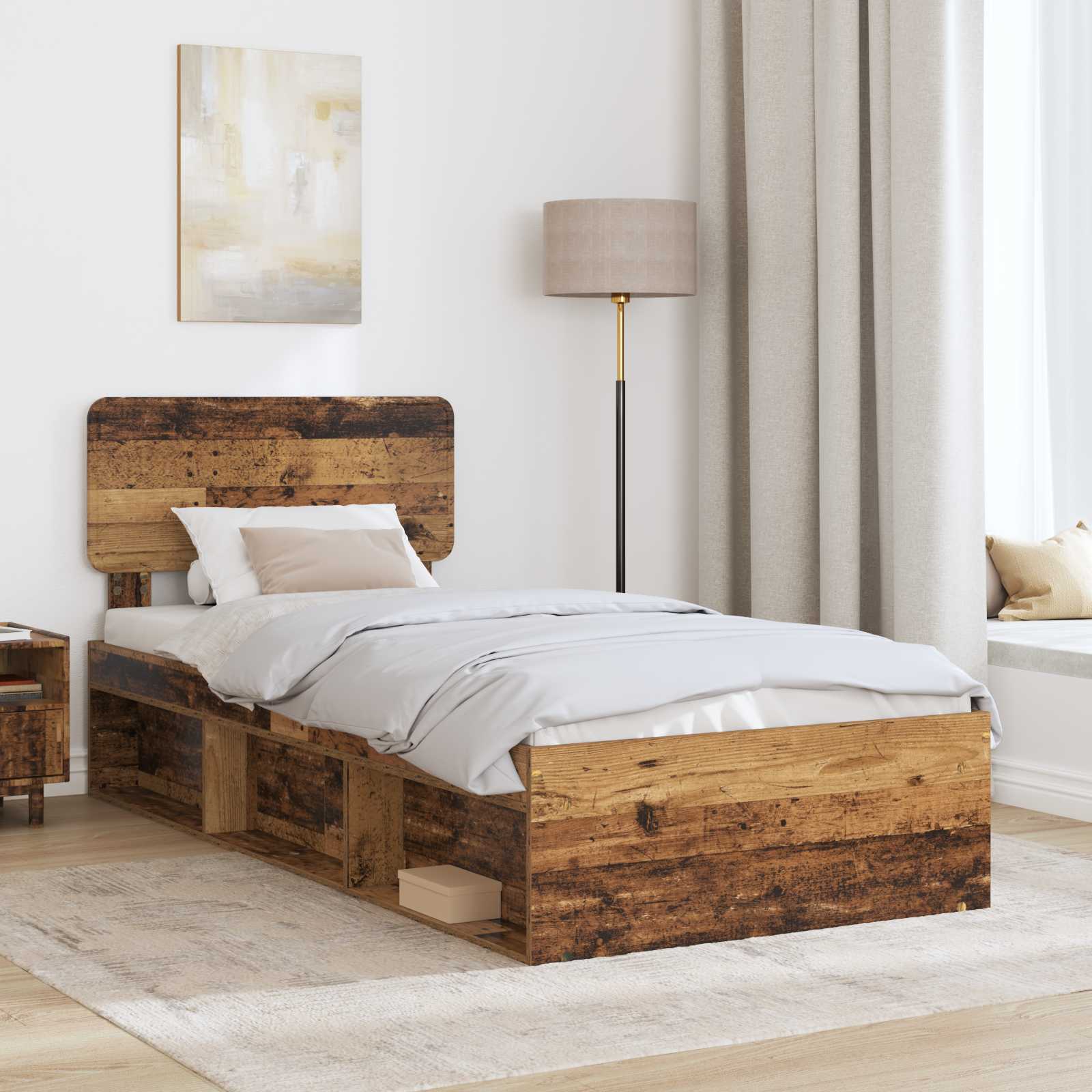 Cadre de lit, finition bois ancien, en pin massif, pour la chambre, 75 × 190 cm - 3