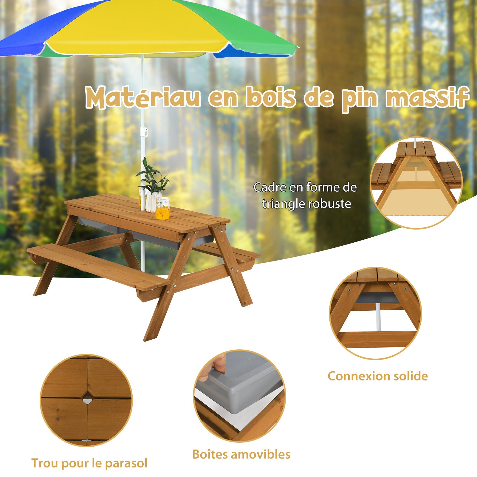 3 en 1 Table de Pique-Nique Enfants avec Parasol et Plateau Amovible, 2 Boîtes pour Sable & Eau pour 4 Enfants de 3-7 Ans, Charge 50kg (Bleu+Jaune) - 8