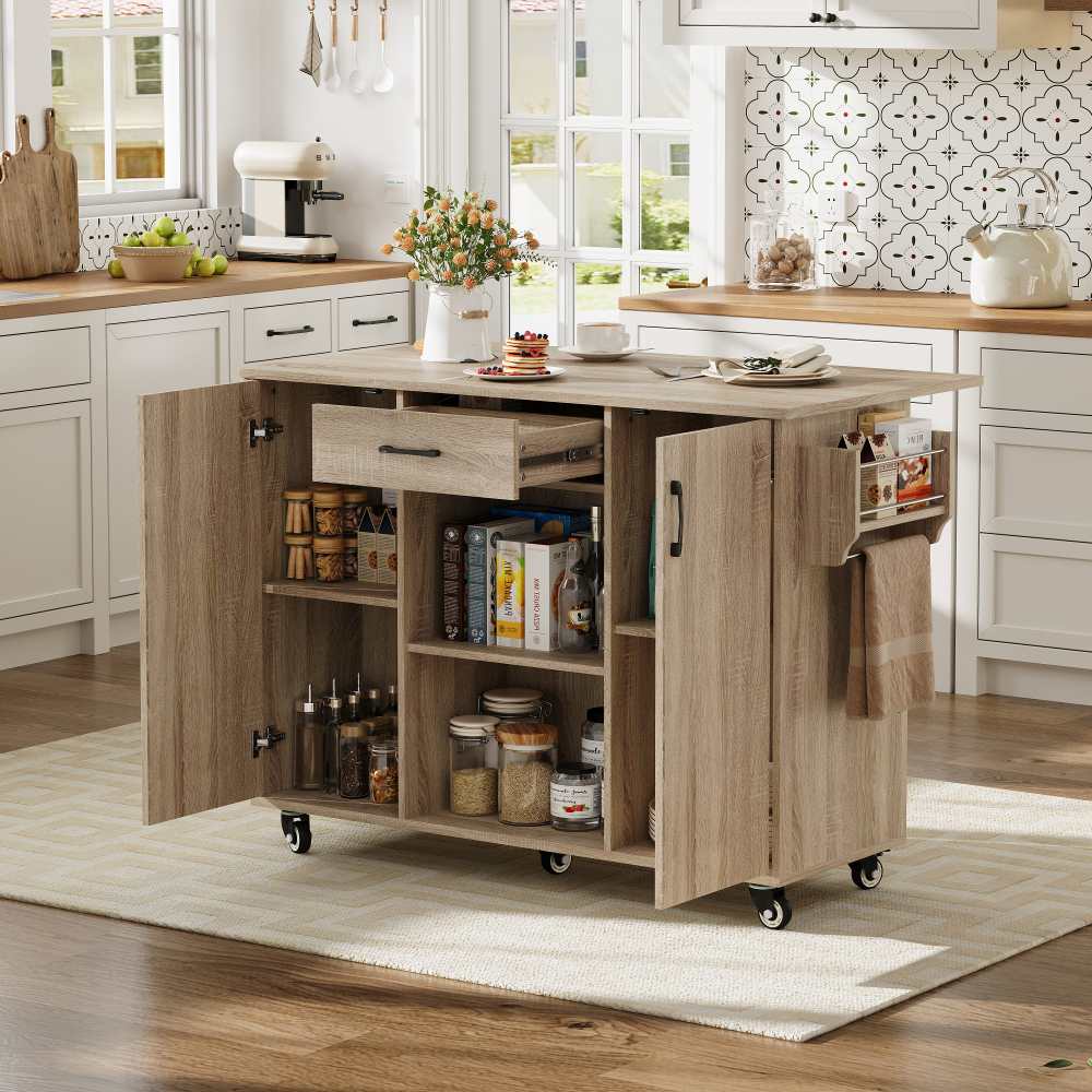 Isla cocina móvil 120cm con plano abatible, carrito servicio sobre ruedas con cajón y armario, 92,9x120x43,5cm