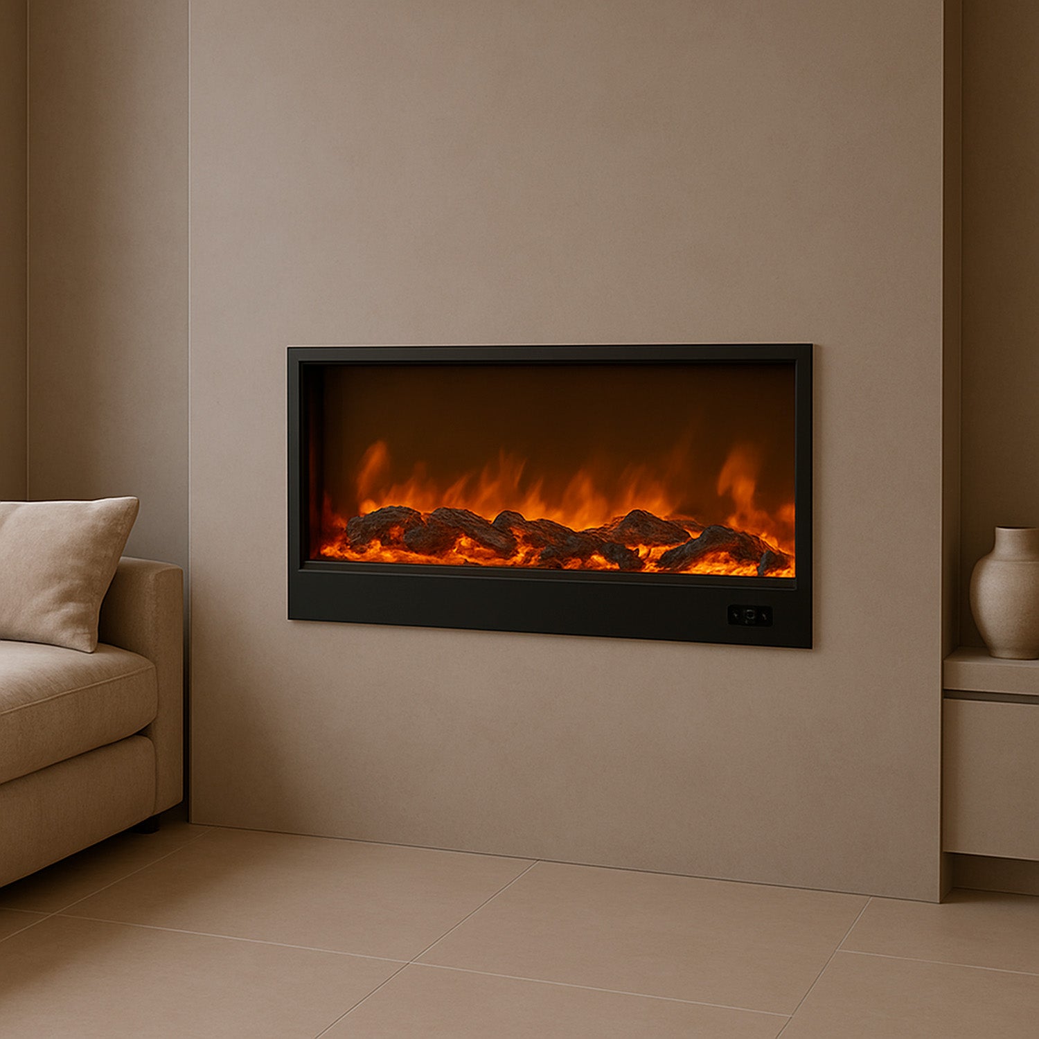 Chimenea eléctrica ispica 1,08m, empotrada o independiente, efecto de llama led realista, 750-1500w, regulable en 6 niveles, mandos manuales incluidos