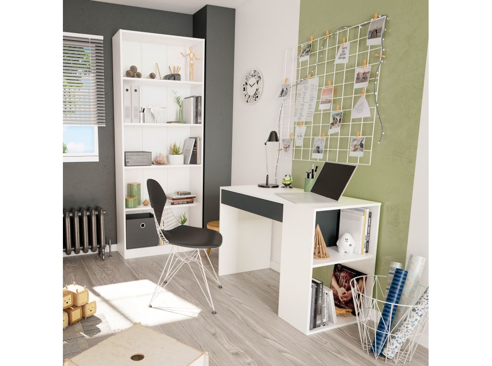 Bureau Moderne Avec Tiroir 101x50x73 Réversible Avec Tablettes Latérales Blanc - 3