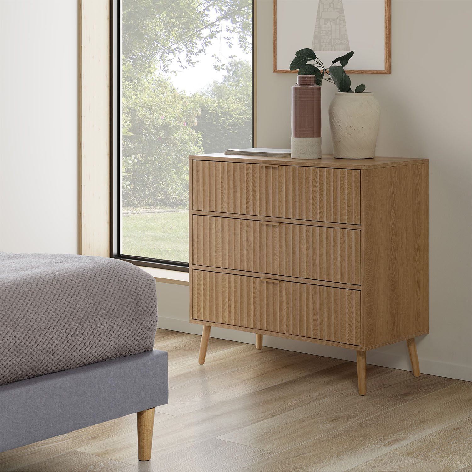 Commode de nuit Lluvia 3 tiroirs coloris chêne, largeur 80 cm - 2