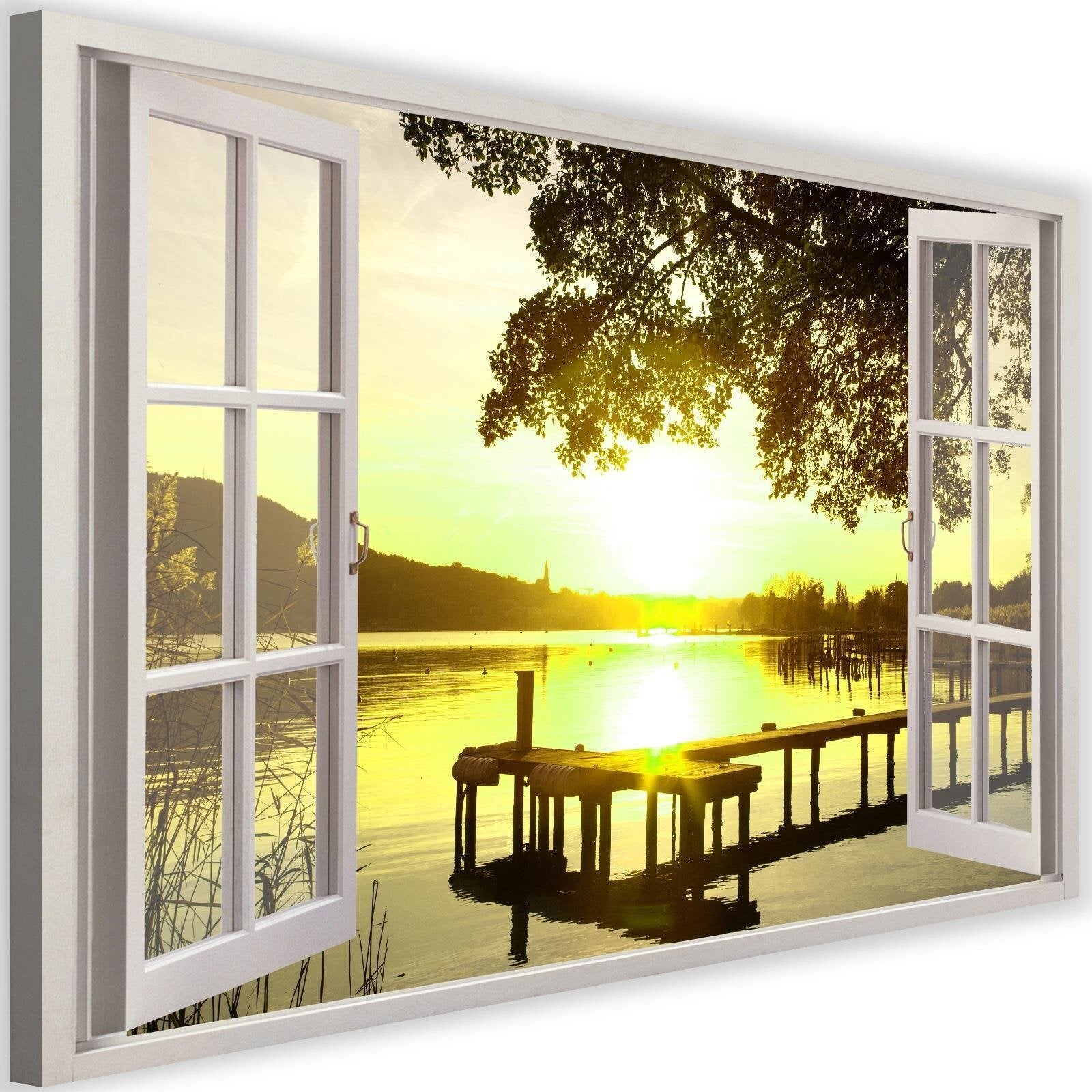 Tableau fenêtre, coucher de soleil sur le lac - 90 x 60 cm | Leroy Merlin