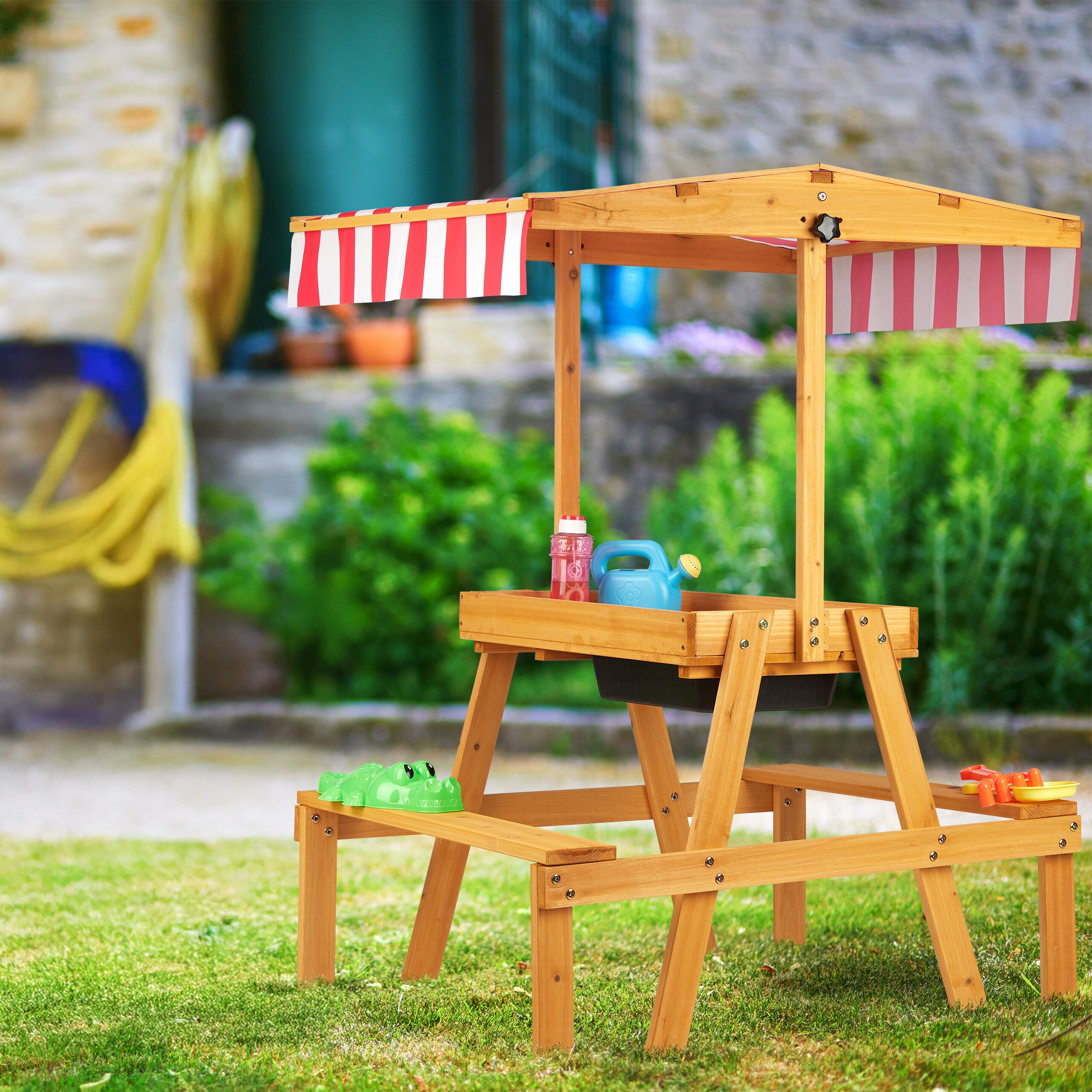 Table De Jeux D'Extérieur Pour Enfants Avec 2 Bancs Et Toit Ombragé | Bac à Sable/Eau Intégré | Bois Pin, H 110cm | Relaxdays