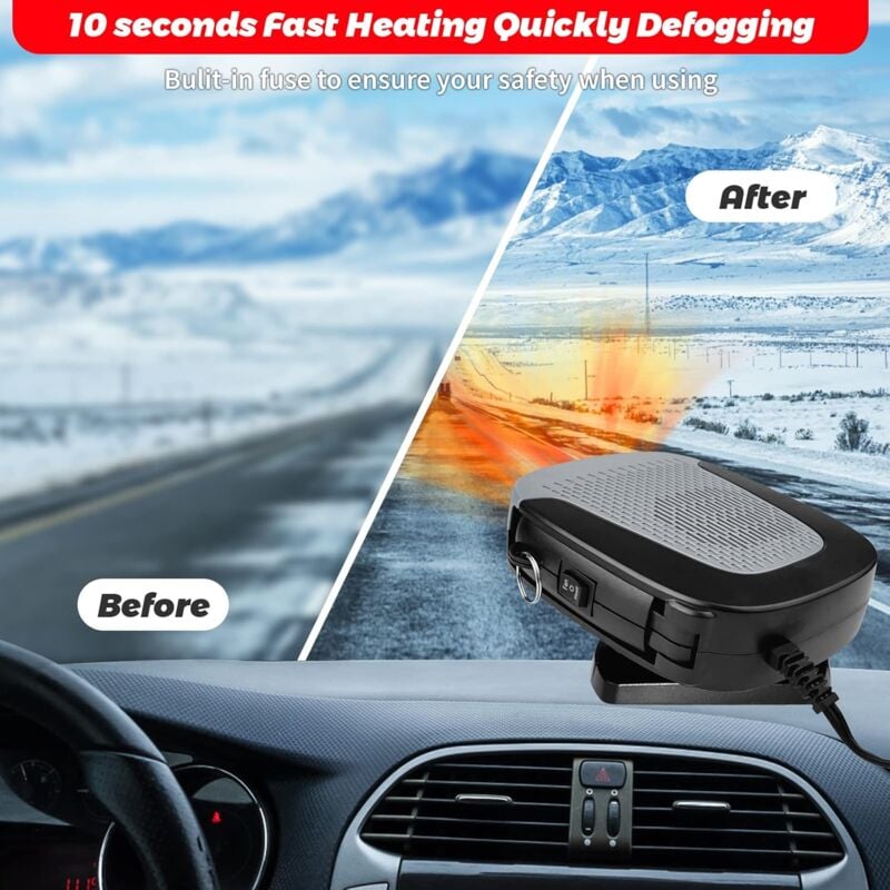 Chauffage de Voiture 12V 150W, Portable Ventilateur Dégivrage et Désembuage Voiture avec pivotant à 360° pour Chauffage et câble Allume Cigare de1,5 m - 2