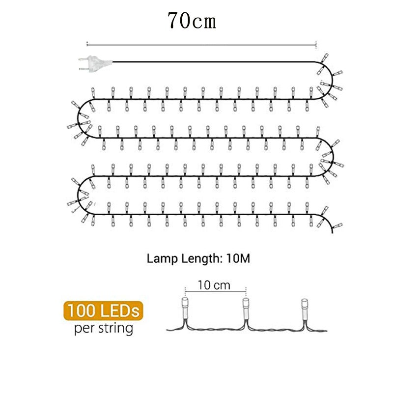 10m 100 led luzes de natal corda, guirlanda de decoração de festa de casamento de árvore de natal, 8 modos, plugue da ue, luz quente - 3