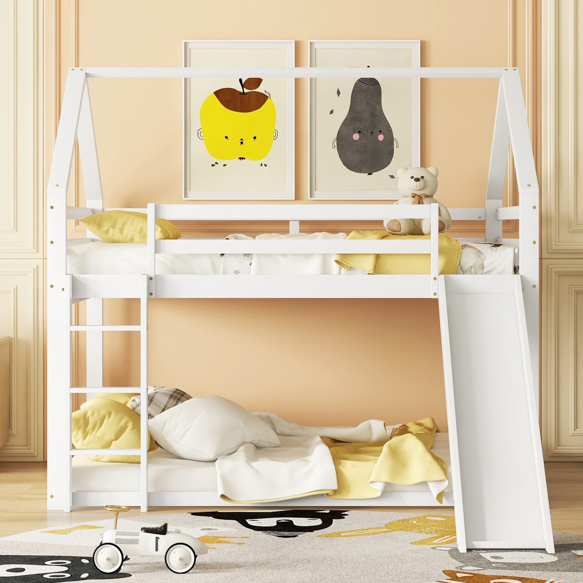Lettino A Castello Con Scivolo E Ringhiera 140x200 Cm – Struttura Letto A Tema Casa In Legno Massello Per Bambini E Ragazzi, Con Cassetti Scala E Design Personalizzabile (Bianco) - 2