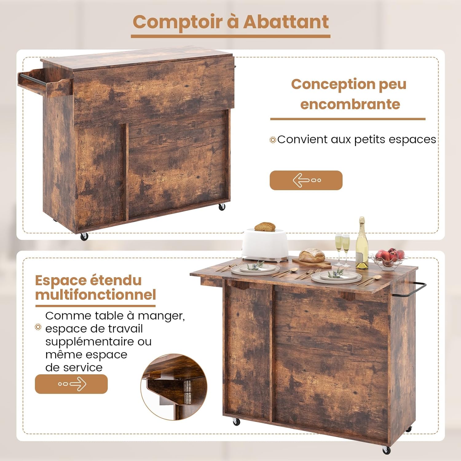 LIANTRAL Carrello Da Cucina Rustico 4 Ripiani Su Ruote – Metallo Con Piano In Legno, Ruote Frenabili