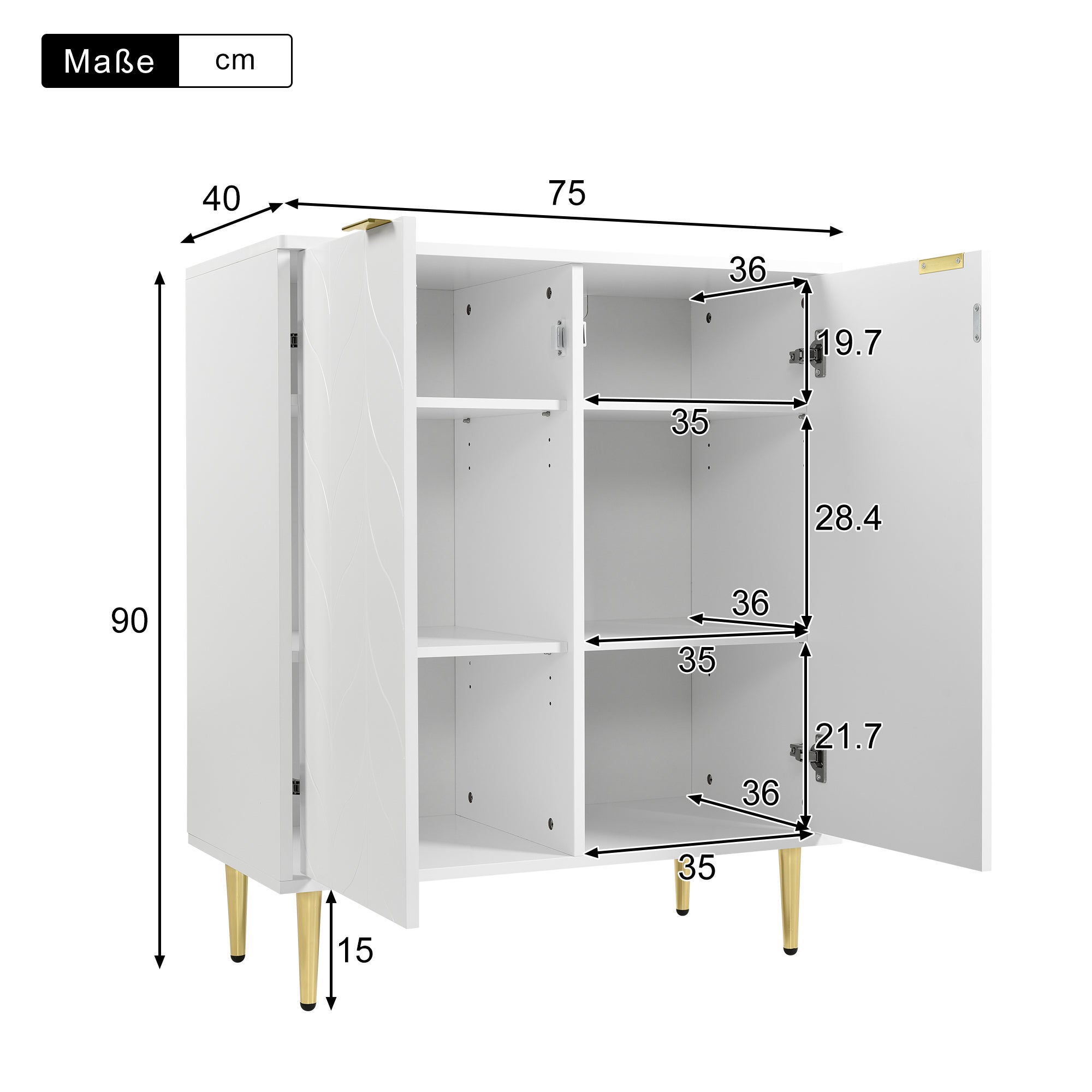 Buffet 2 portes, commode, design d'angle antichoc, 3 étagères, 6 compartiments, 75L*40P*90H, blanc - 3