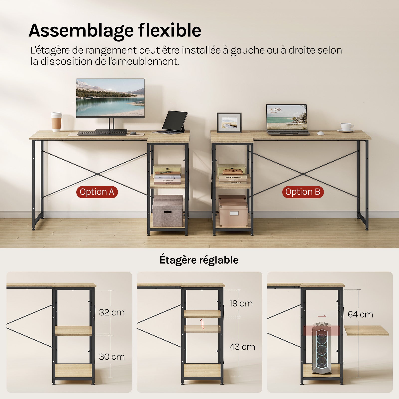 Table de bureau 120x74x71,5cm en bois et acier,Bureau d’ordinateur,Bureau informatique avec étagère,Noir+chêne clair,WOLTU - 3