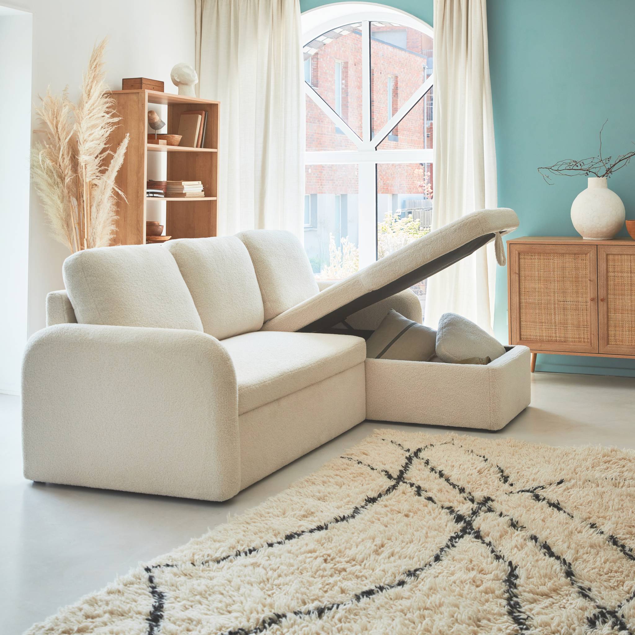 Canapé d'angle convertible en tissu bouclettes crème - Milano - 3 places. fauteuil d'angle réversible coffre rangement - 3