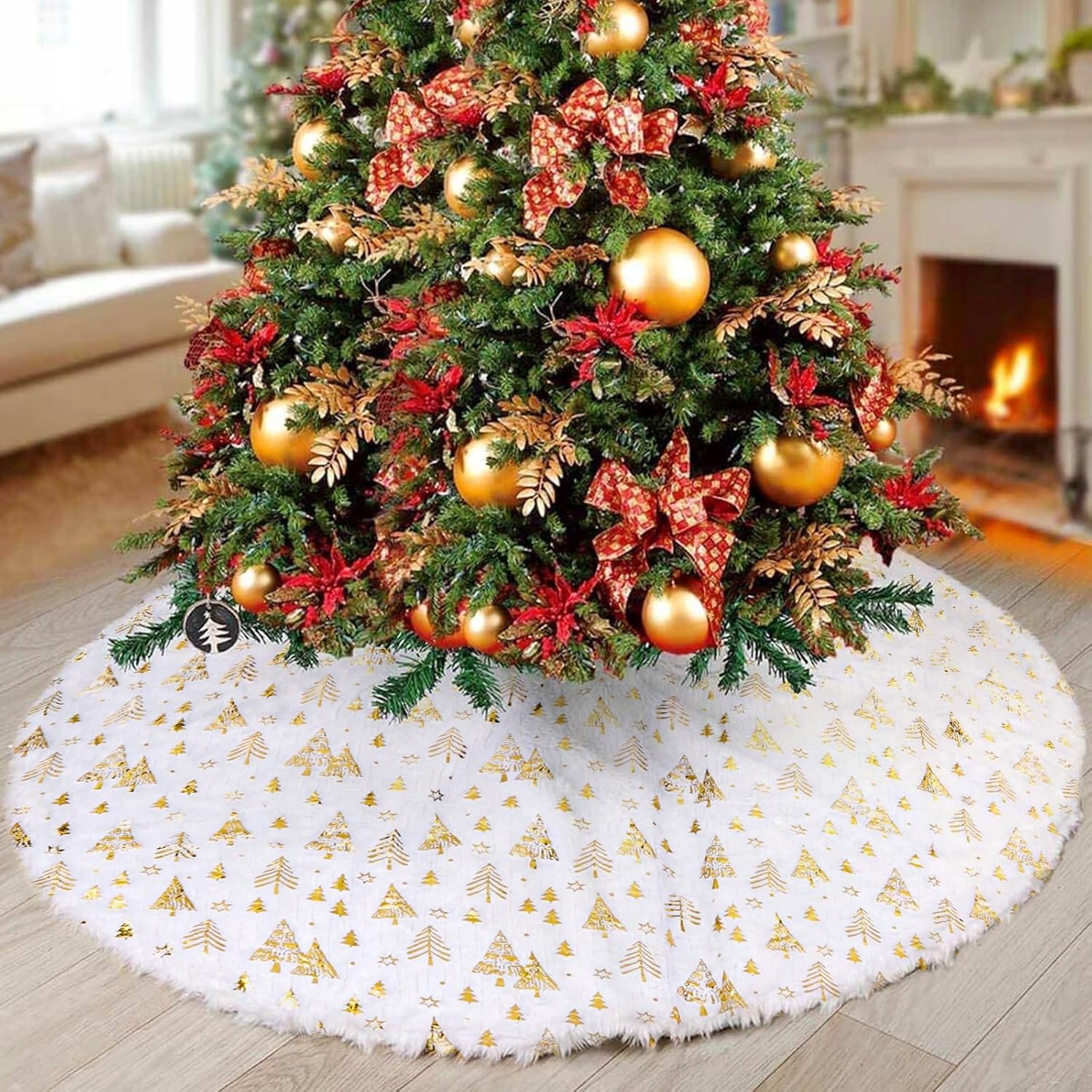Saia para árvore de Natal, padrão dourado para árvore de Natal, capa para base de árvore de Natal, decoração para casa (122 cm) - 5