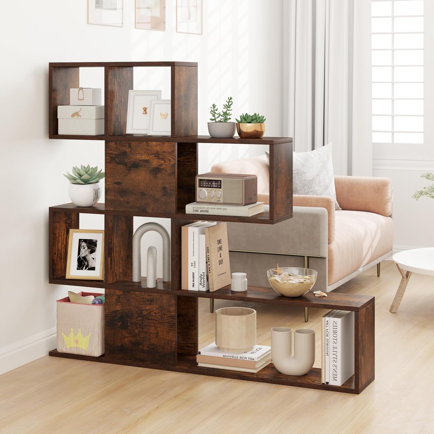 Bibliothèque à 5 Niveaux en Forme de S, 6 Compartiments, Meuble Escalier 120 x 19,5 x 109 cm, pour Salon Bureau Chambre, Marron - 6