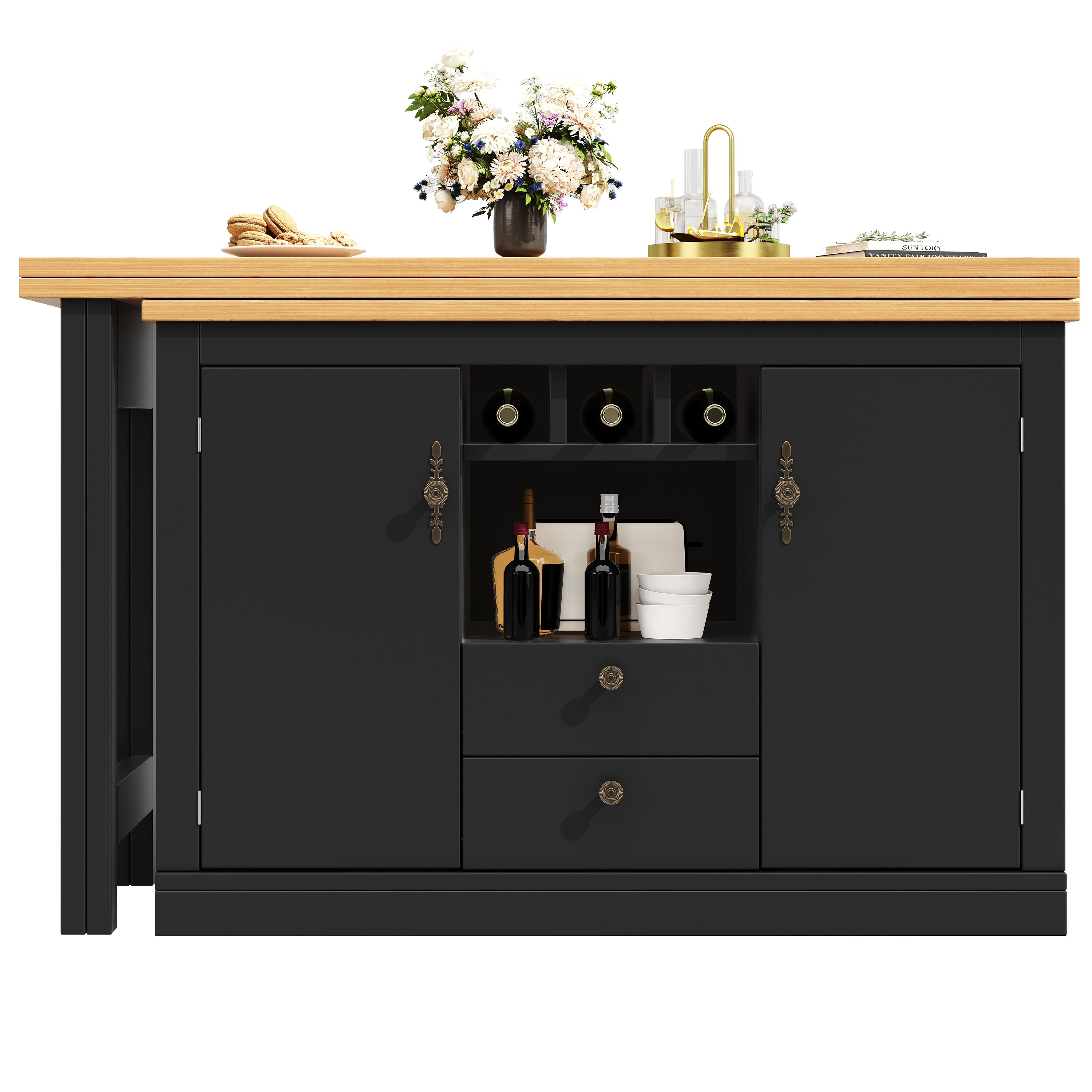 Rozkładany obrotowy stół jadalny z 2 drzwiami i 2 szufladami, wyspa kuchenna - 120-180 x 40 x 71,5 cm - MDF - Czarny + naturalny - 4