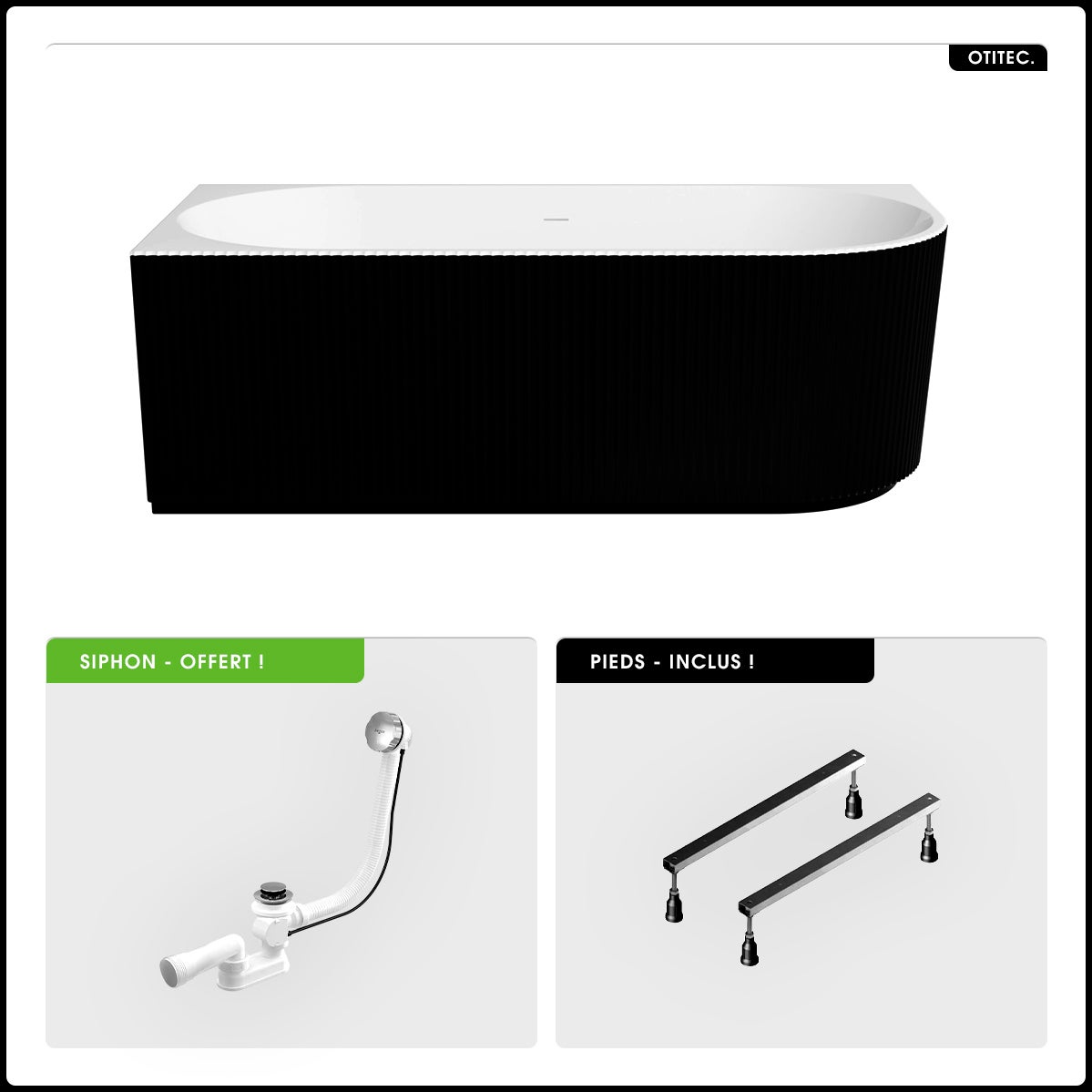 Bañera asimétrica - 150 x 75 cm - Izquierda - Con sifón Cromado - Patas - INCLUIDAS - DENAYA - 2