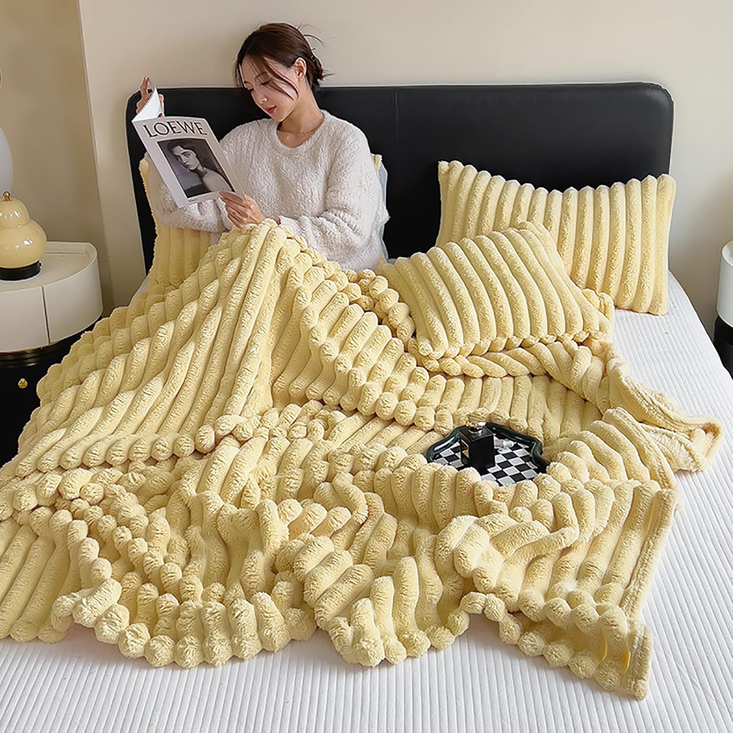 Couverture en laine, plaid, jeté de canapé, doux et confortable, poils longs, hiver - jaune - 120 x 200 cm - 6