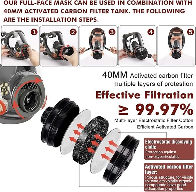Masque respiratoire complet avec filtre à charbon actif pour la protection contre les gaz/poussières/vapeurs/brouillards chimiques (noir) - 4