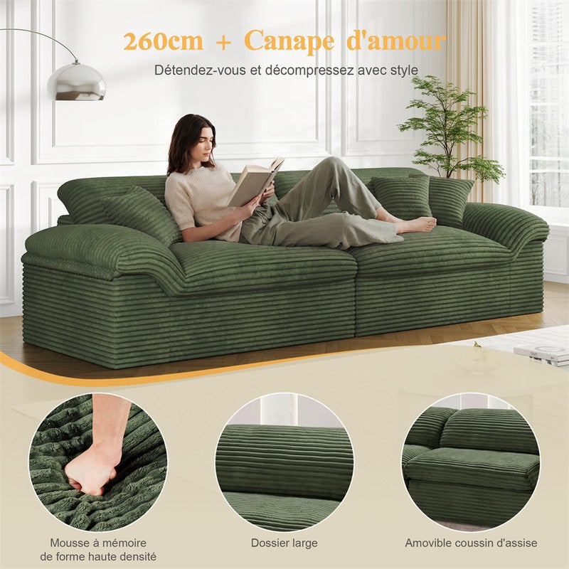 DRIPEX Canapé modulable 2/3 places en velours côtelé doux,assise profonde,sans structure,aucun montage requis,260*103*80cm,Vert - 4